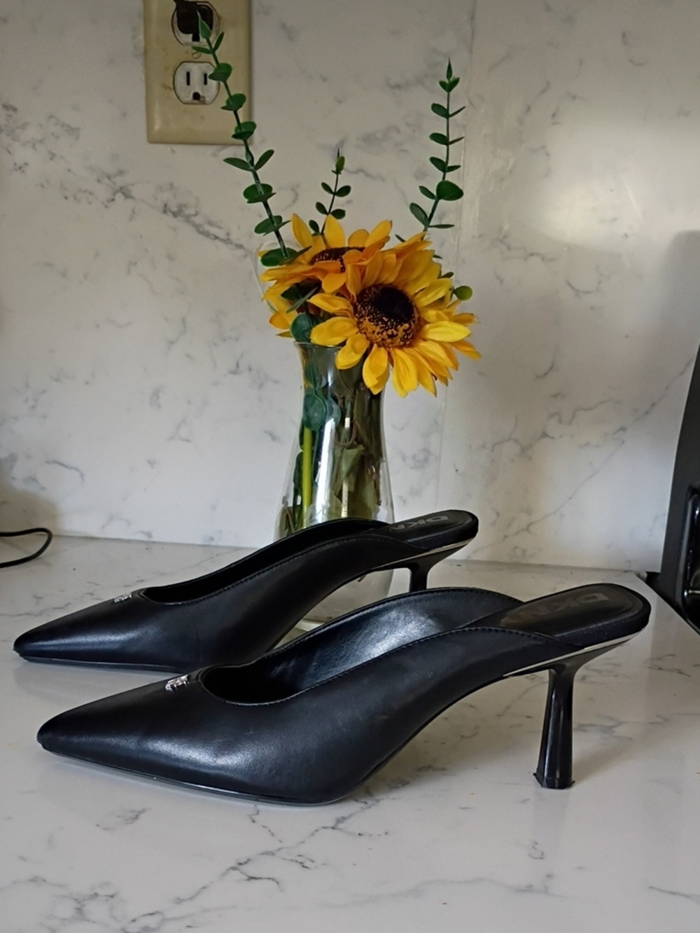 DKNY Black Pointed Toe Mule Heels
